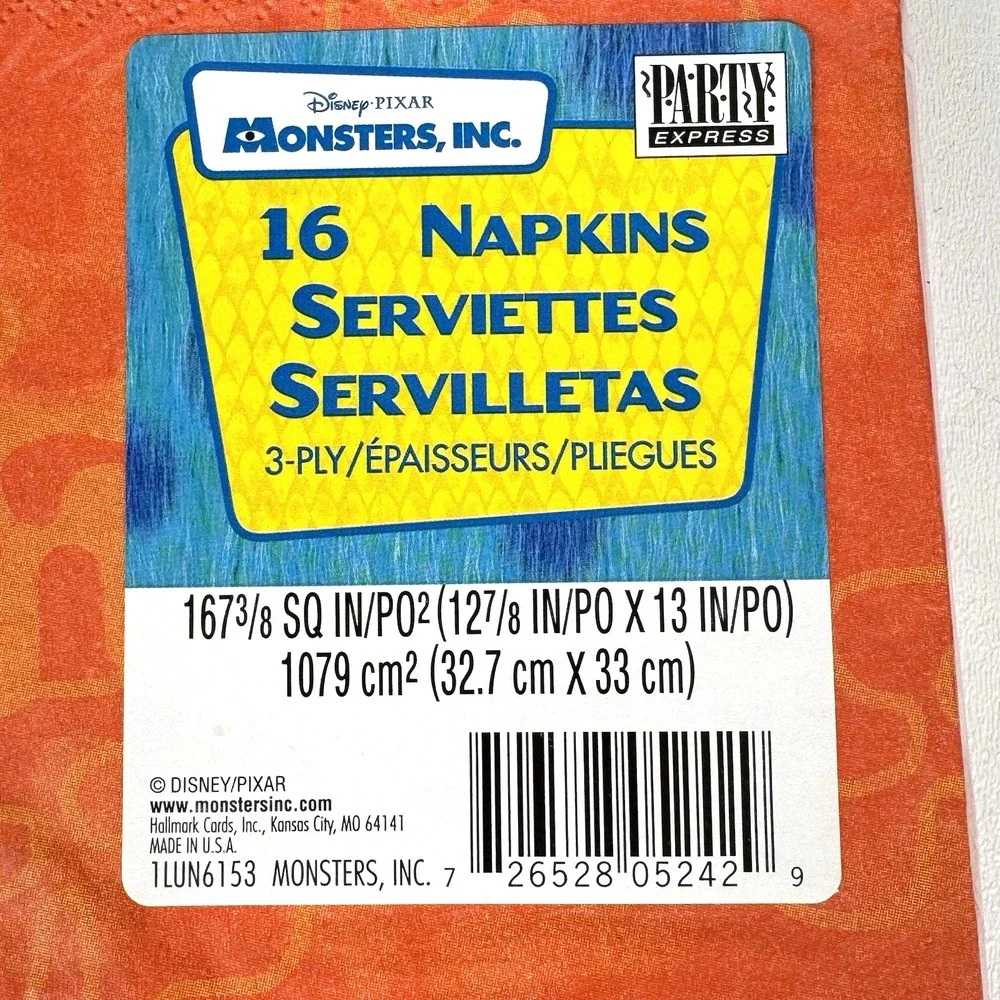 Disney Pixar Monsters Inc Birthday Party Napkins 16 Mike Wazowski Sulley NEW VTG